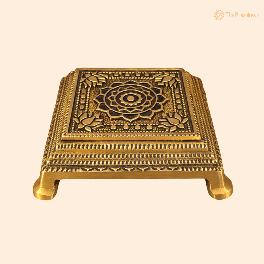 Brass Chowki for Puja 5 Inch front view – pure brass handcrafted India