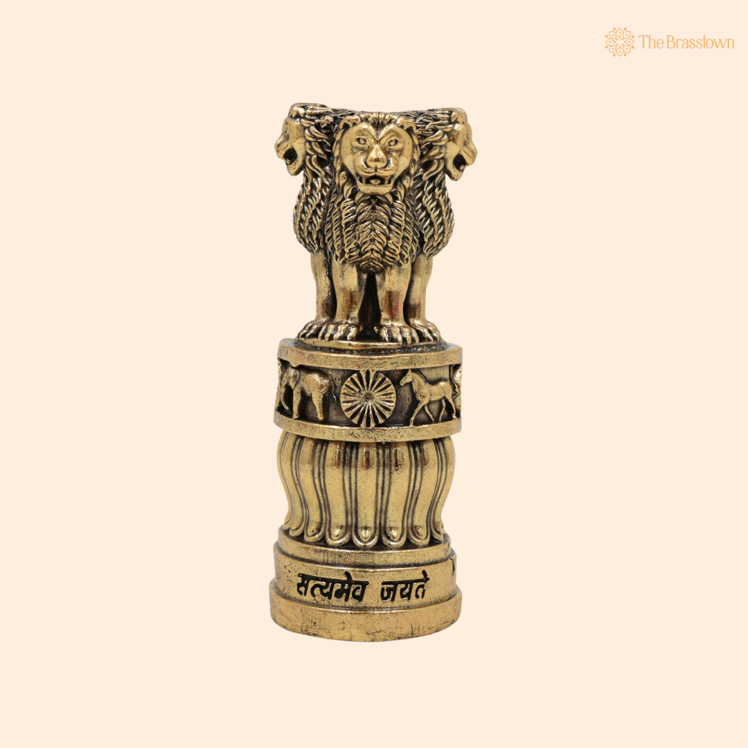 Brass Handcrafted Ashoka Stambh Idol – National Emblem Lion Capital Decorative Showpiece for Home &amp; Office Décor 4 Inch