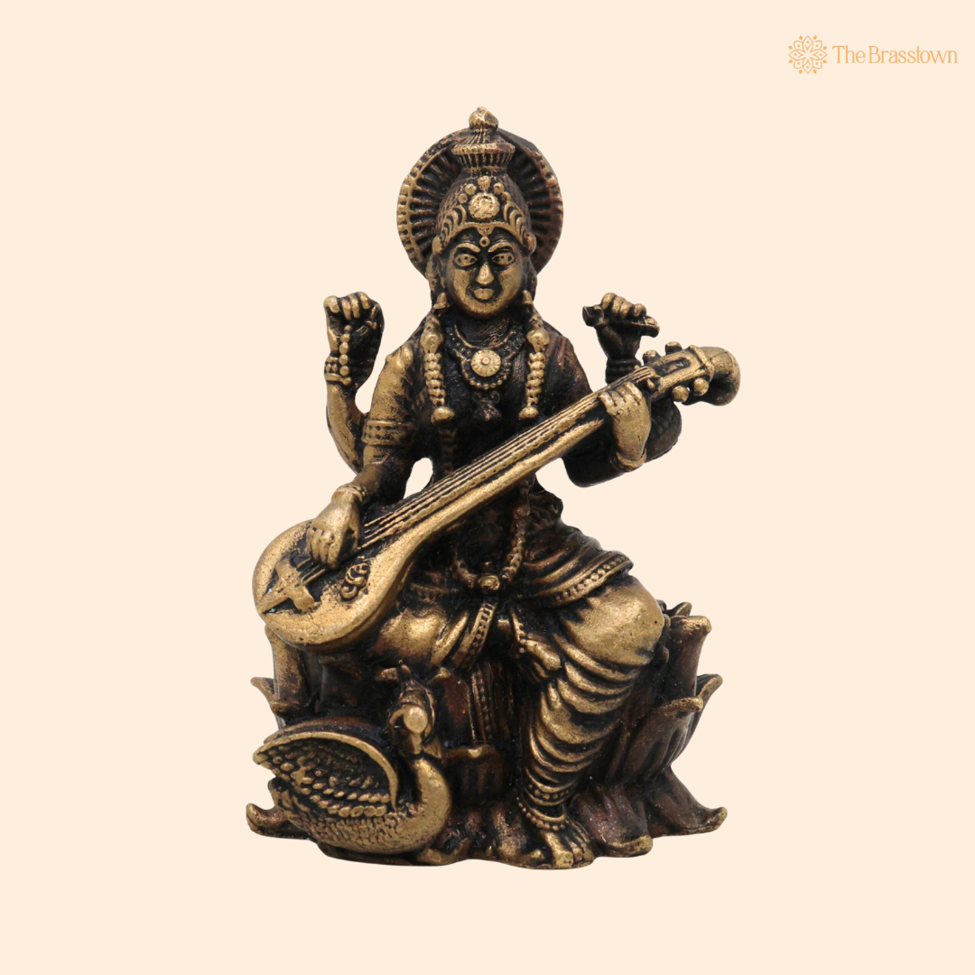 Brass Saraswati Mata Idol 3 Inch front view – pure brass handcrafted India