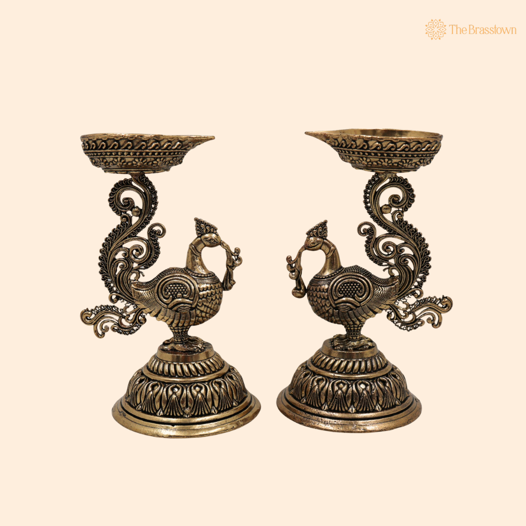 Brass Traditional Peacock Deepam Diya – Mayur Design Oil Lamp for Puja, Aarti &amp; Home Mandir Décor 4.5 Inch (set of 2 )