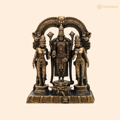 Brass Vishnu Sridevi Bhudevi Idol – Lord Narayana Murti with Sri Lakshmi &amp; Bhudevi for Puja, Home Mandir &amp; Spiritual Décor 3 Inch