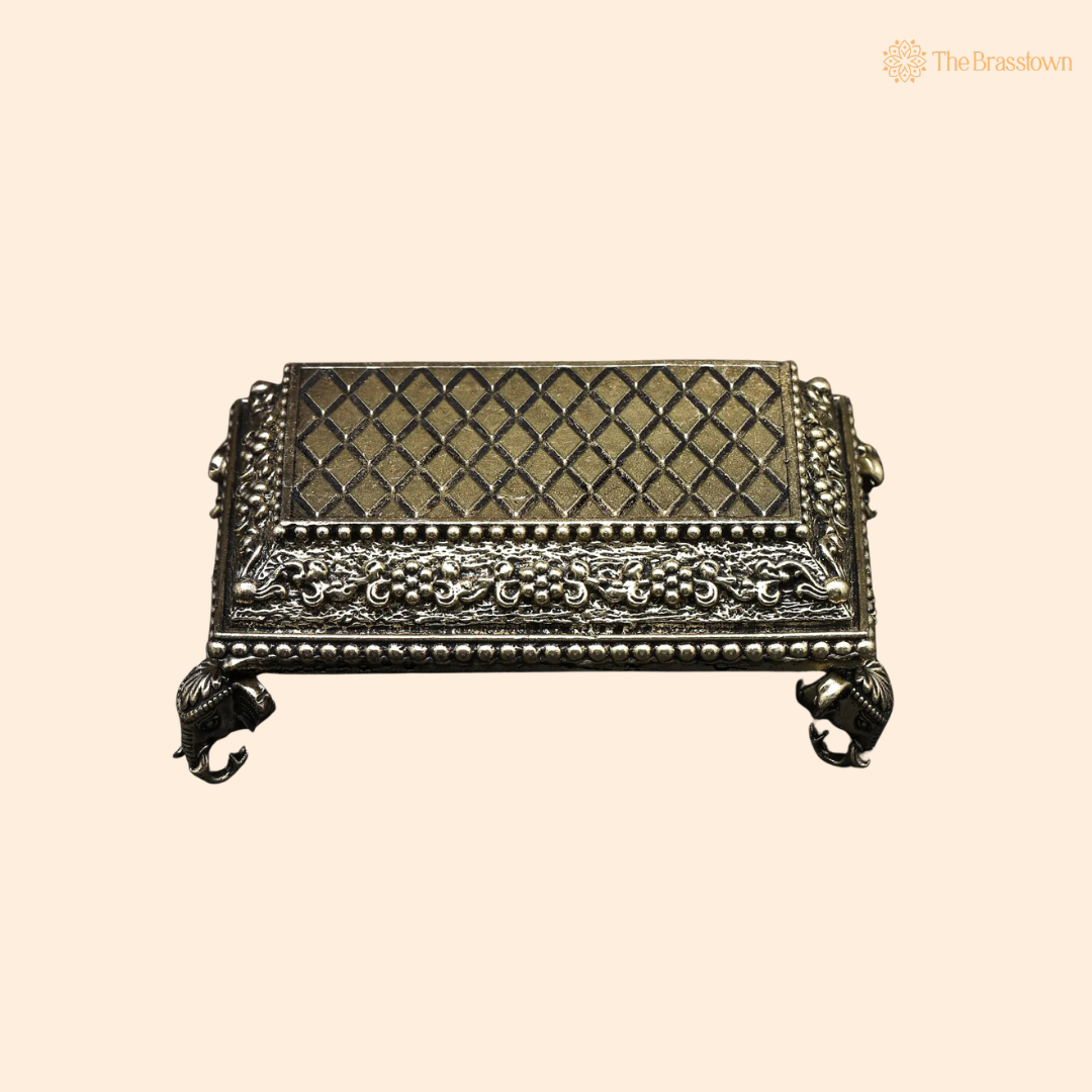 Brass Elephant Design Chowki (Pedestal) – Decorative Puja Stand for Idols &amp; Rituals 2 Inch