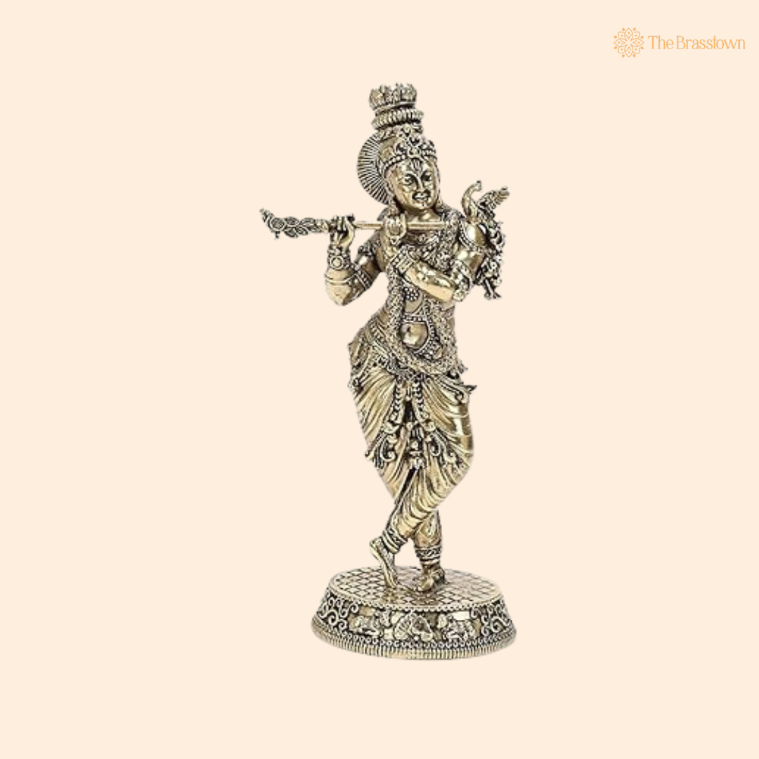 Brass Krishna Idol with Peacock 5.5 Inch front view – pure brass handcrafted India