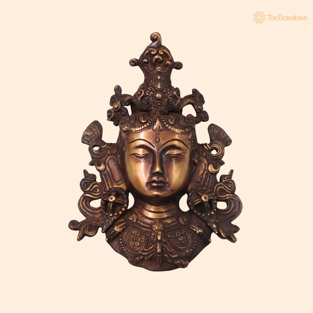 Brass Tara Devi Mask Wall Hanging – Handcrafted Mahavidya Goddess Face Wall Décor for Pooja, Home Mandir &amp; Spiritual Gifting 8.5 Inch