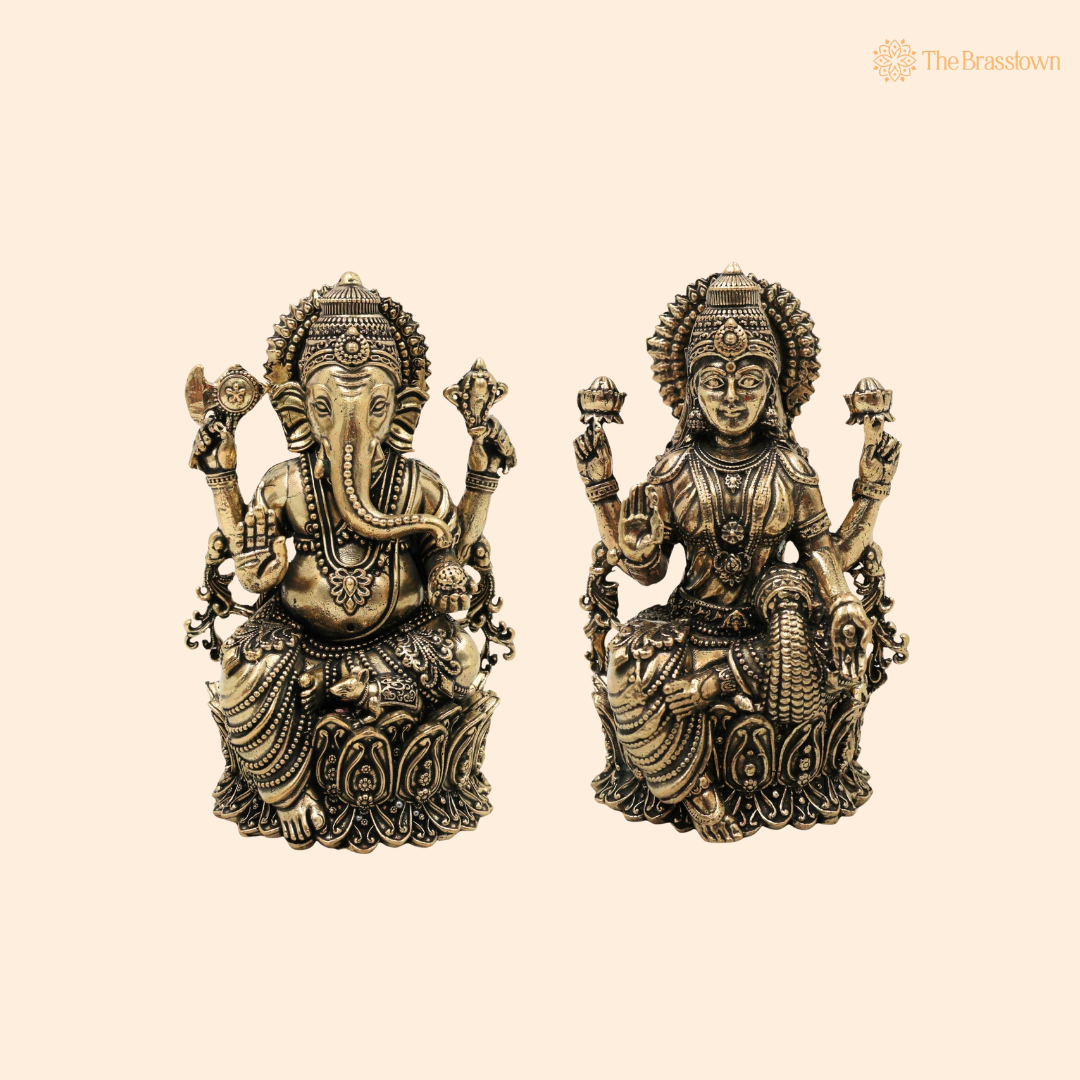 Handcrafted Brass Lakshmi Ganapati Idol 5 Inch front view – pure brass handcrafted India