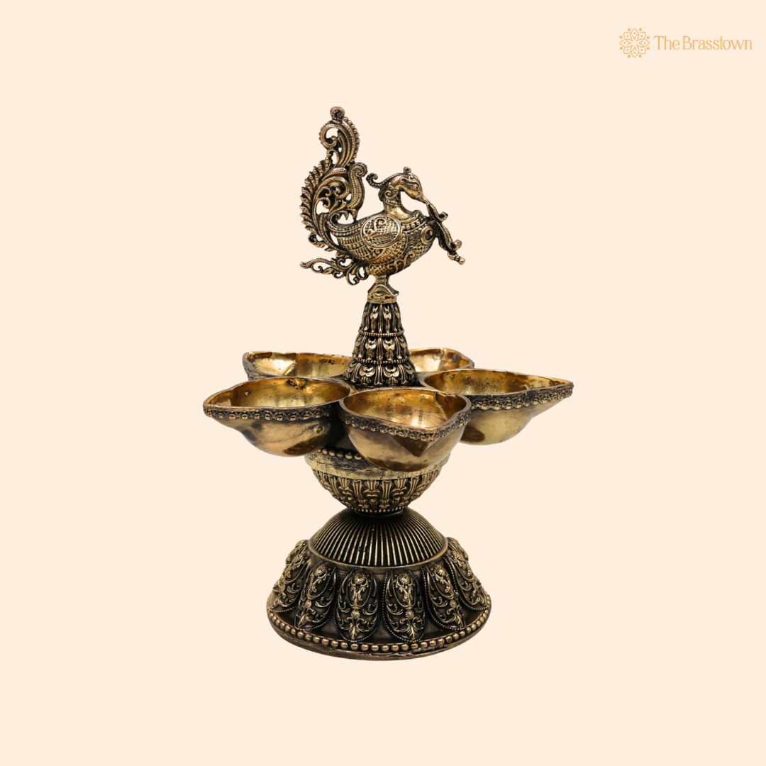 Traditional Peacock Deepam Diya – Mayur Design Oil Lamp (Peetal Deepak) for Puja, Aarti &amp; Home Mandir Décor 6.5 Inch