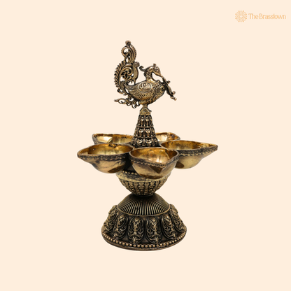 Traditional Peacock Deepam Diya – Mayur Design Oil Lamp (Peetal Deepak) for Puja, Aarti &amp; Home Mandir Décor 6.5 Inch