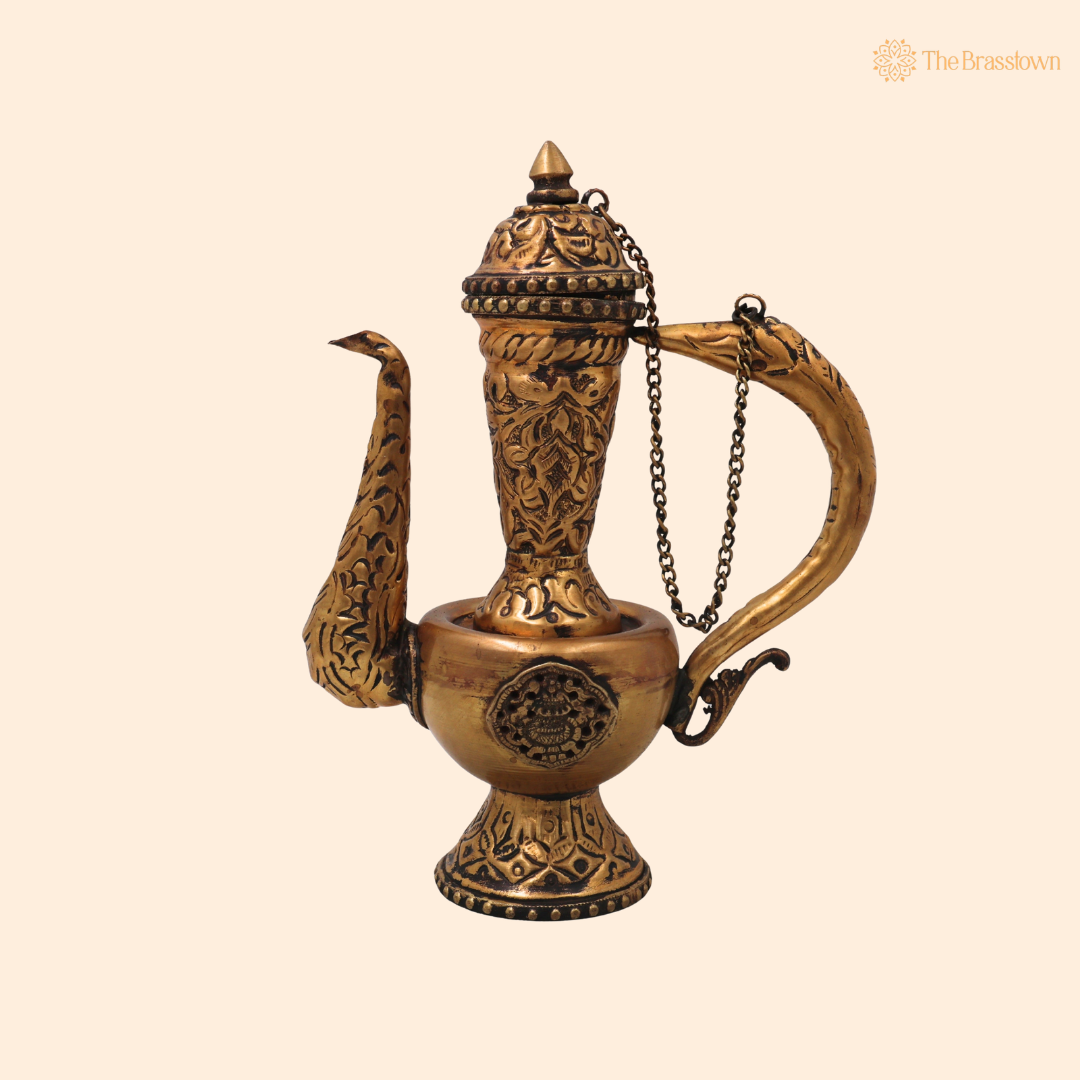 Handcrafted Traditional Brass Kettle Sculpture – Traditional Vintage Style Tea Pot Surahi for Home Décor, Collectibles &amp; Gifting 9 Inch