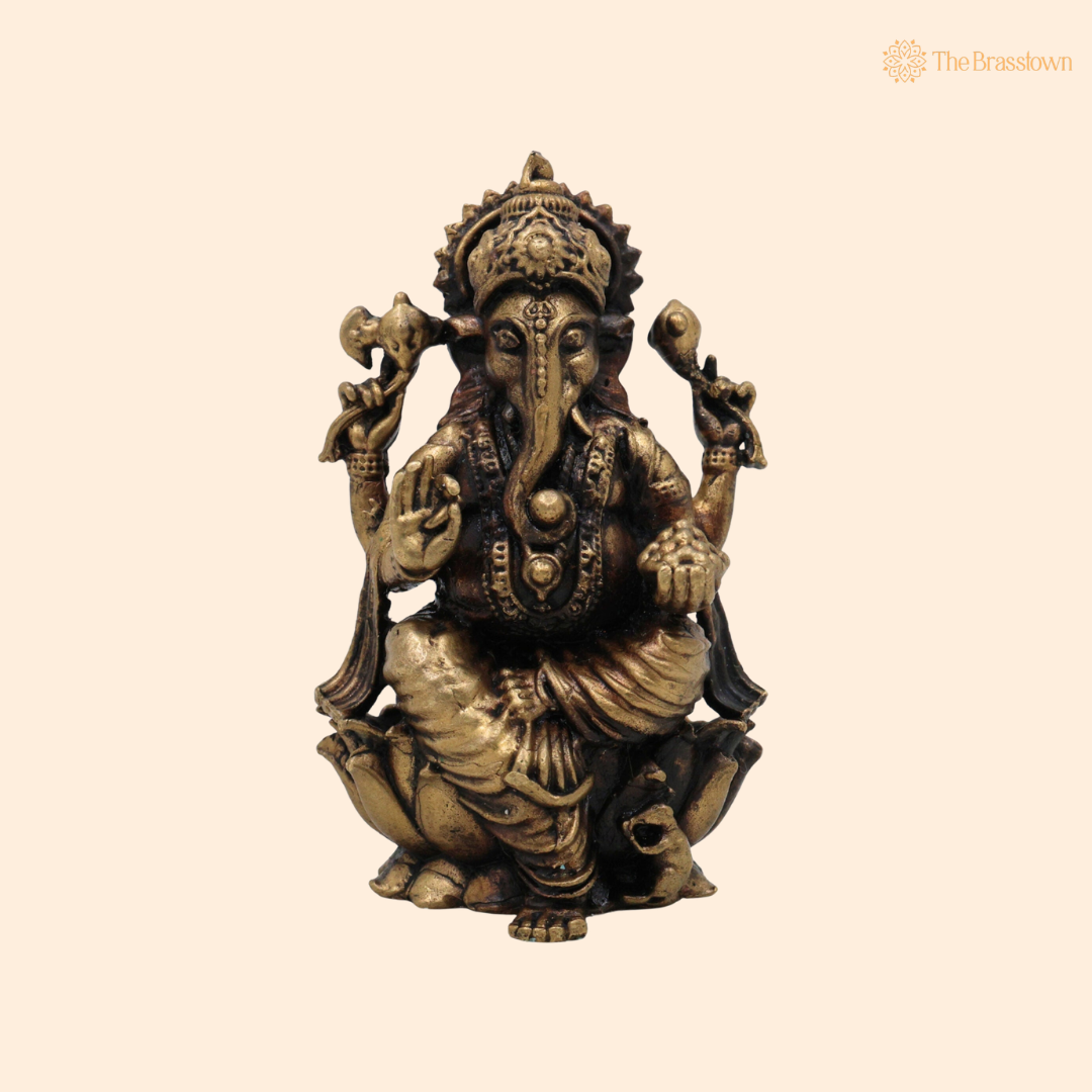 Handcrafted Brass Ganpati Bappa Idol 3 Inch front view – pure brass handcrafted India