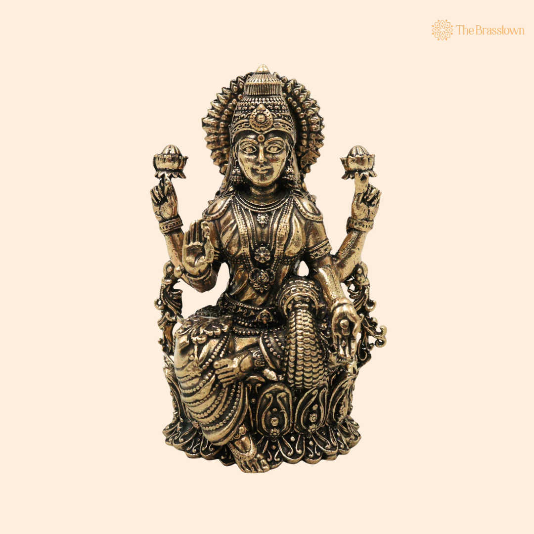 Brass Handcrafted Mahalakshmi Idol 5 Inch front view – pure brass handcrafted India
