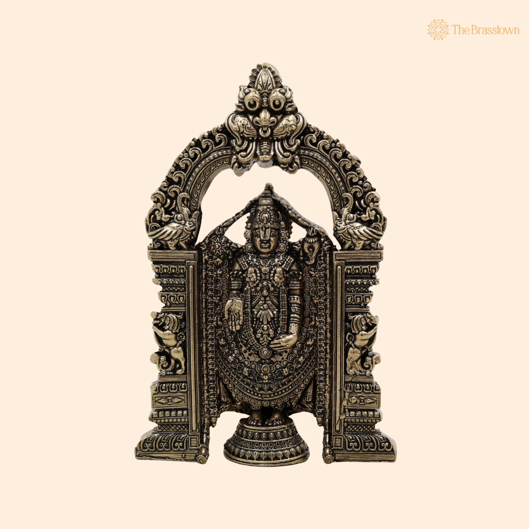 Brass Venkateshvara Idol WIth Prabhavali 6 Inch front view – pure brass handcrafted India