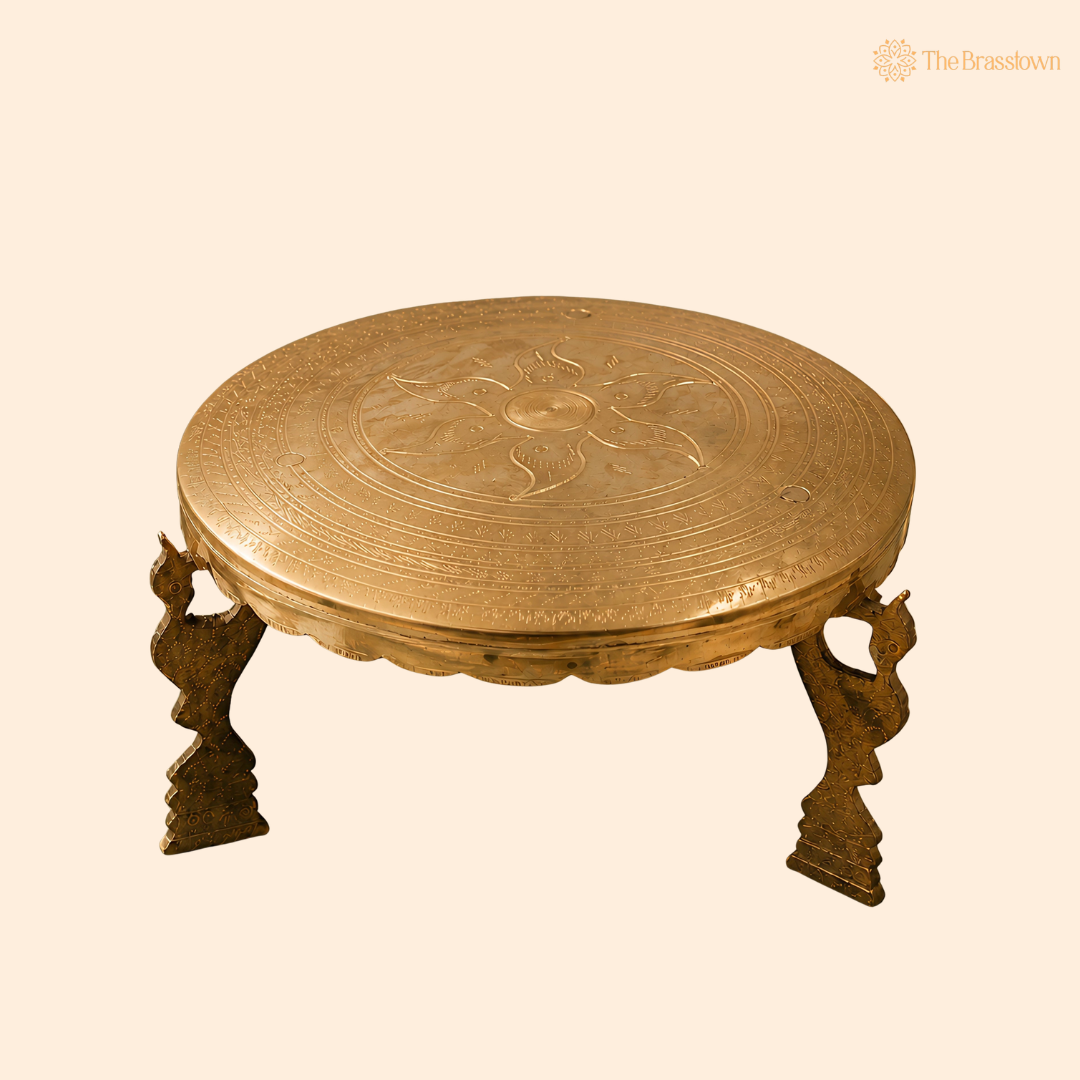 Round Flower Brass Pooja Stand Chowki – Traditional Peetham Singhasan Circular Idol Display Base for God Idols, Diya, Urli &amp; Temple Décor 10 Inch