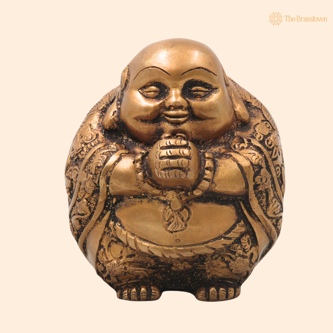 Brass Laughing Buddha Idol – Handcrafted Hotei Budai Statue for Vastu, Home Décor, Office &amp; Prosperity Gifting 5 Inch