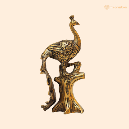 Antique Brass Peacock on Tree 8.5 Inch front view – pure brass handcrafted India