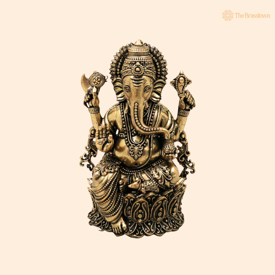 Brass Ganpati Bappa Idol 4 Inch front view – pure brass handcrafted India
