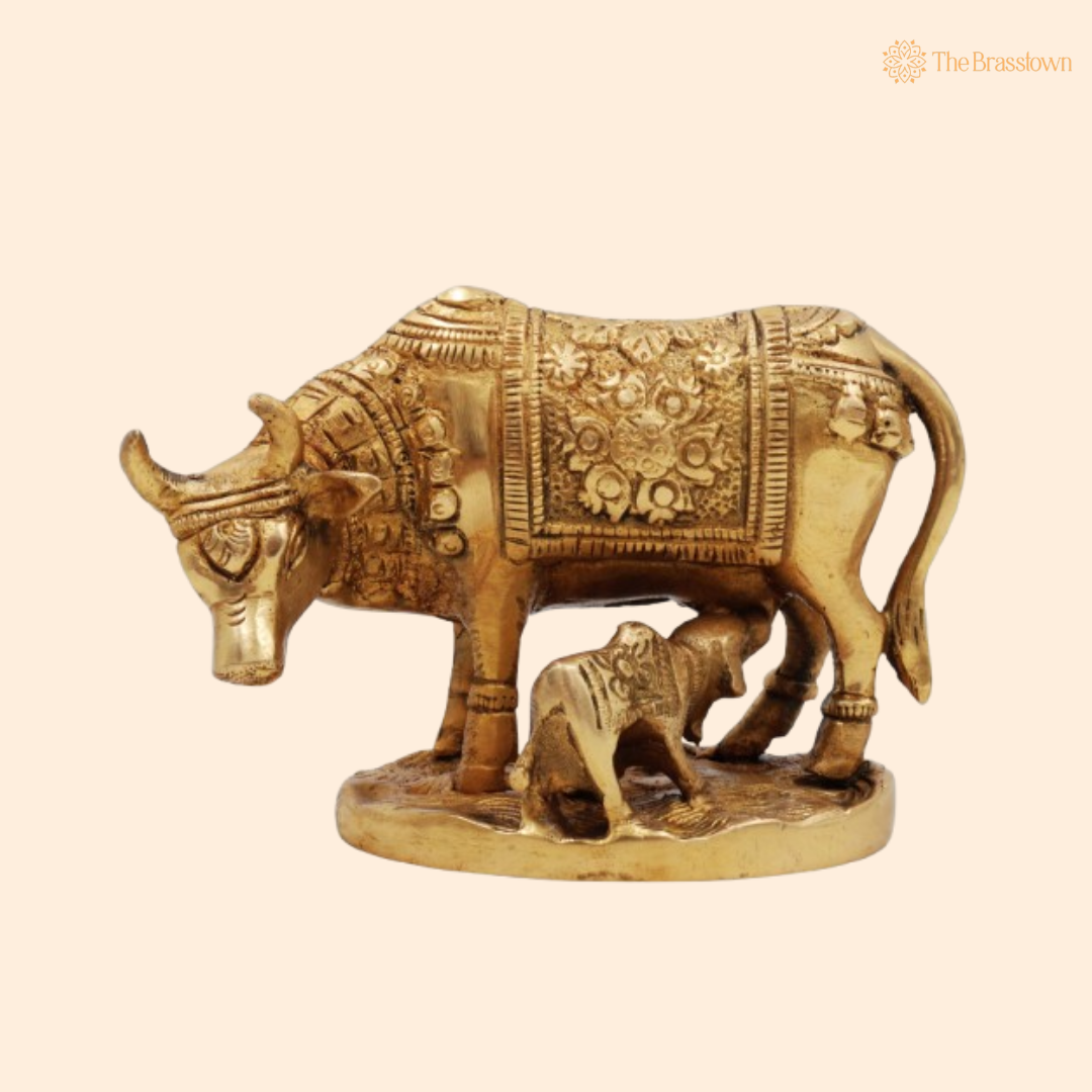 Sacred Brass Cow and Calf Statue 3.5 Inch