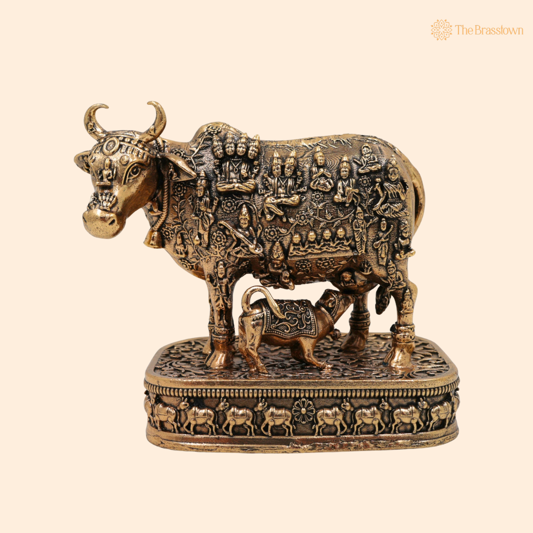 Brass Kamadhenu Idol 4.5 Inch front view – pure brass handcrafted India