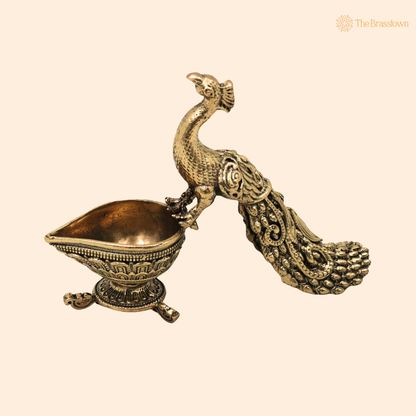 Brass Peacock Lamp Idol – Mayil Vilakku, Mayur Deepam, Traditional Kuthu Vilakku Oil Lamp for Pooja, Temple &amp; Home Décor 3 Inch