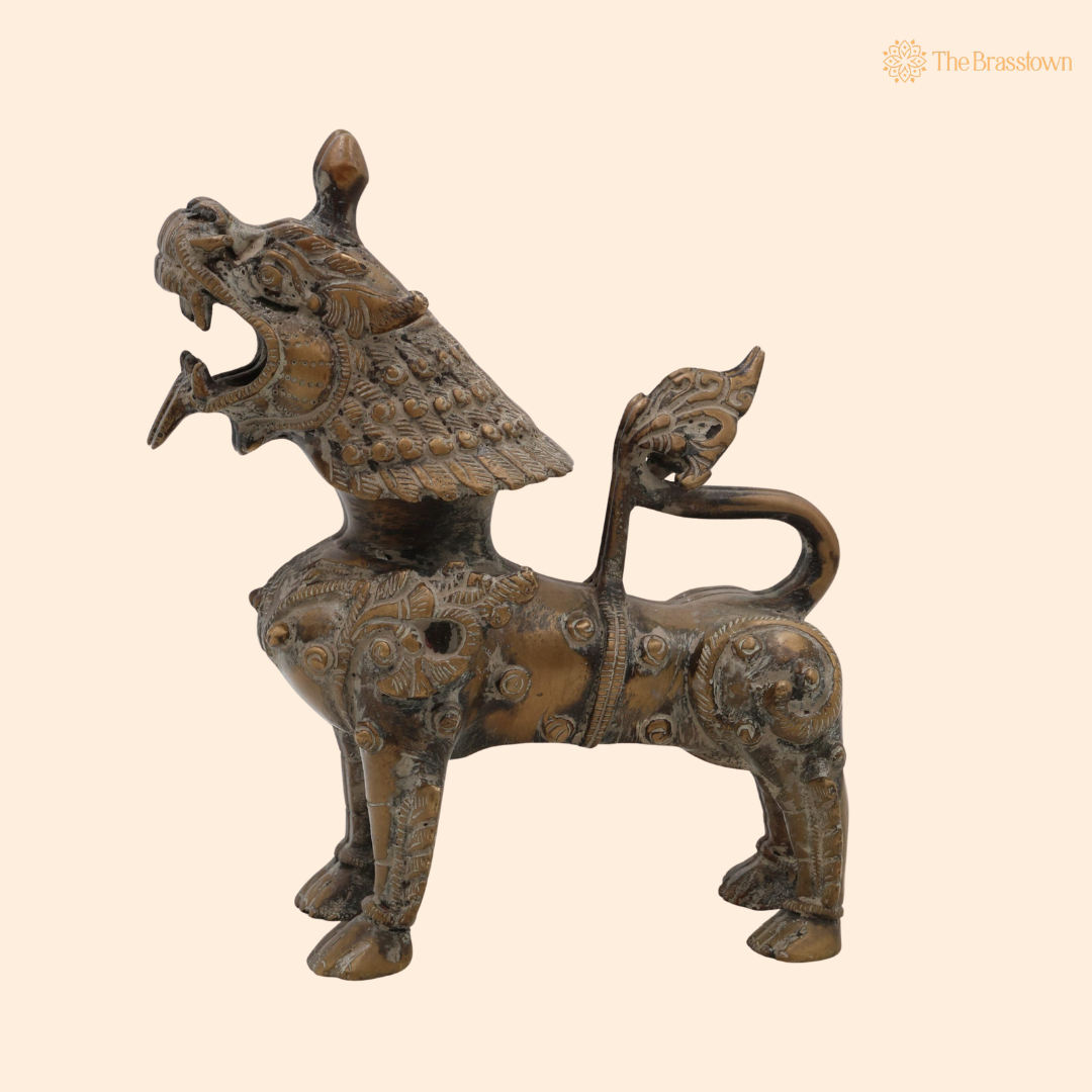 Handcrafted Brass Singha Statue - Feng Shui Lion, Peetal Lion Sculpture for Home &amp; Office Decor 7 Inch