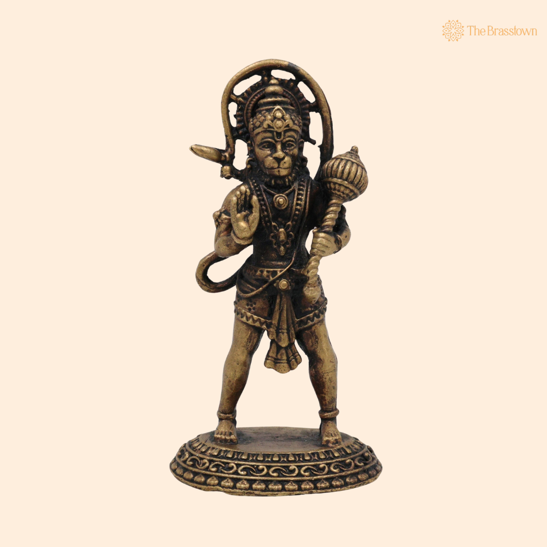 Brass Hanuman Idol with long 3 Inch front view – pure brass handcrafted India