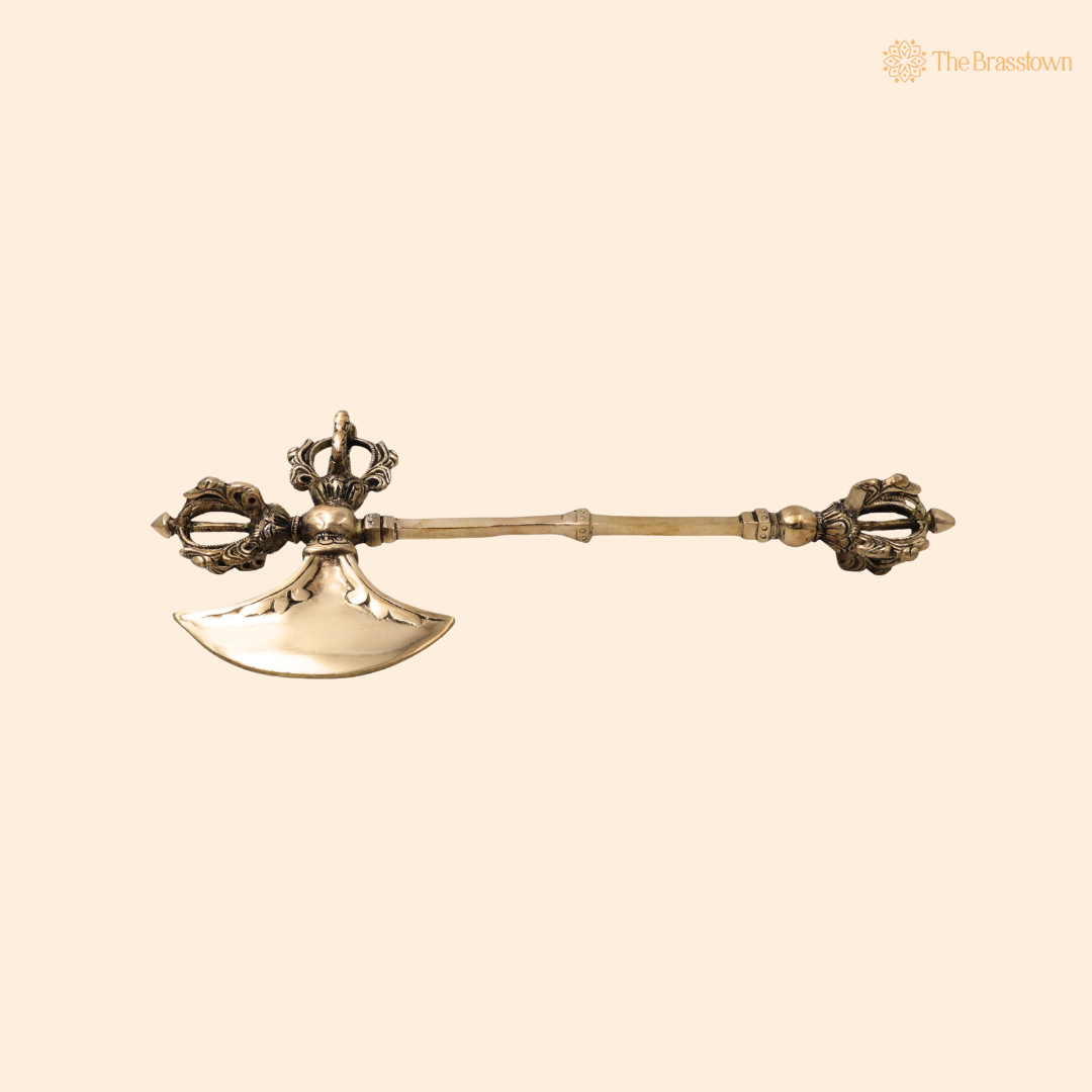 Brass Dorje Axe With Vajra Vajrayudha Idol – Traditional Hindu Weapon Symbol Sculpture for Home Temple 13 Inch