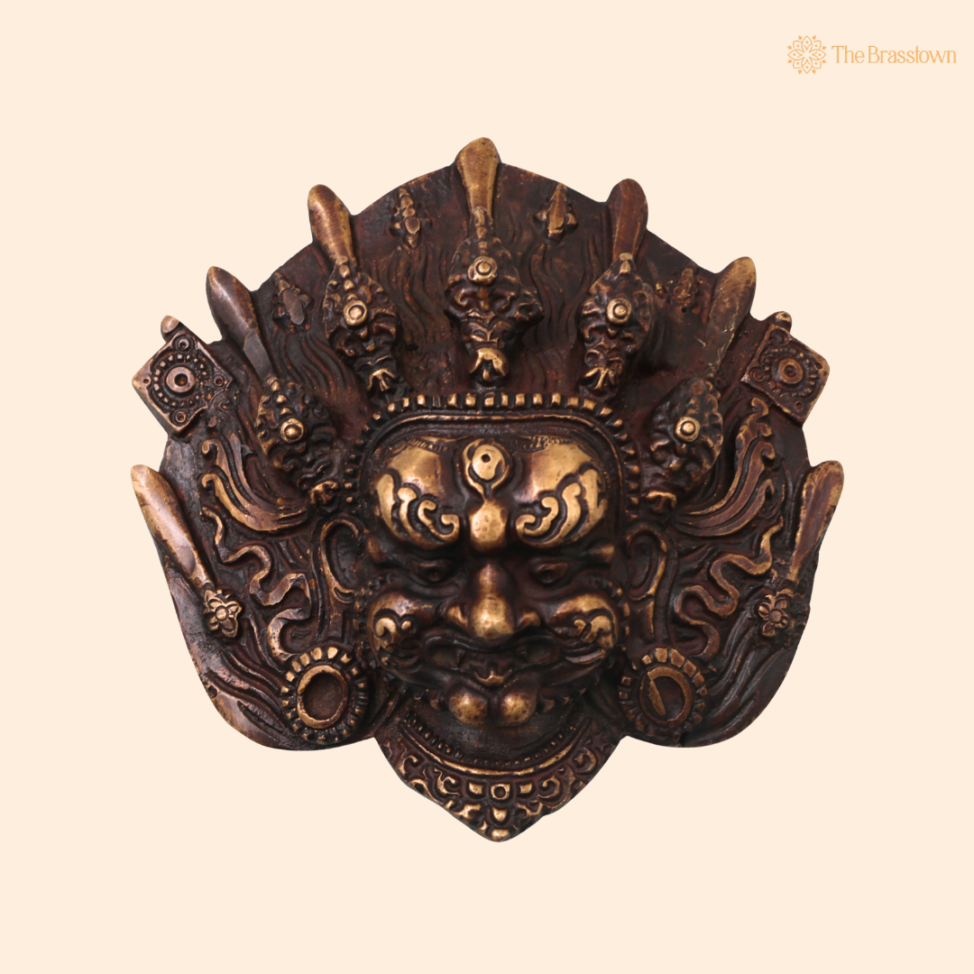 Brass Kala Bhairava Face Mask Wall Hanging – Traditional Bhairav Mukh Wall Décor for Pooja, Vastu, Temple &amp; Spiritual Gifting 5 Inch