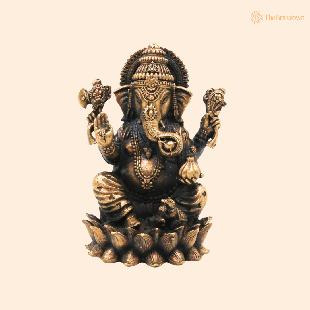 Handcrafted Brass Ganpati Bappa Idol 3 Inch front view – pure brass handcrafted India