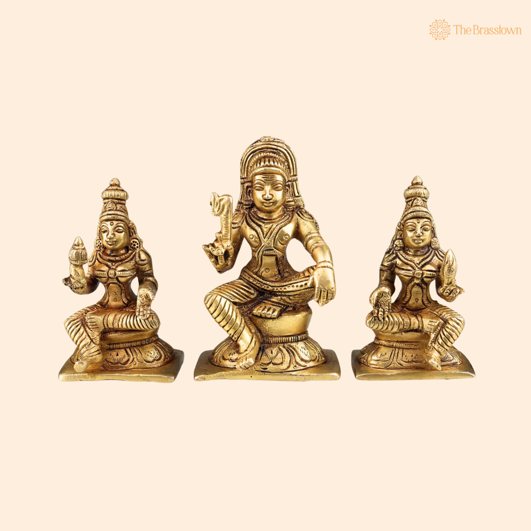 Brass Aiyanar with Poorna &amp; 4 Inch front view – pure brass handcrafted India