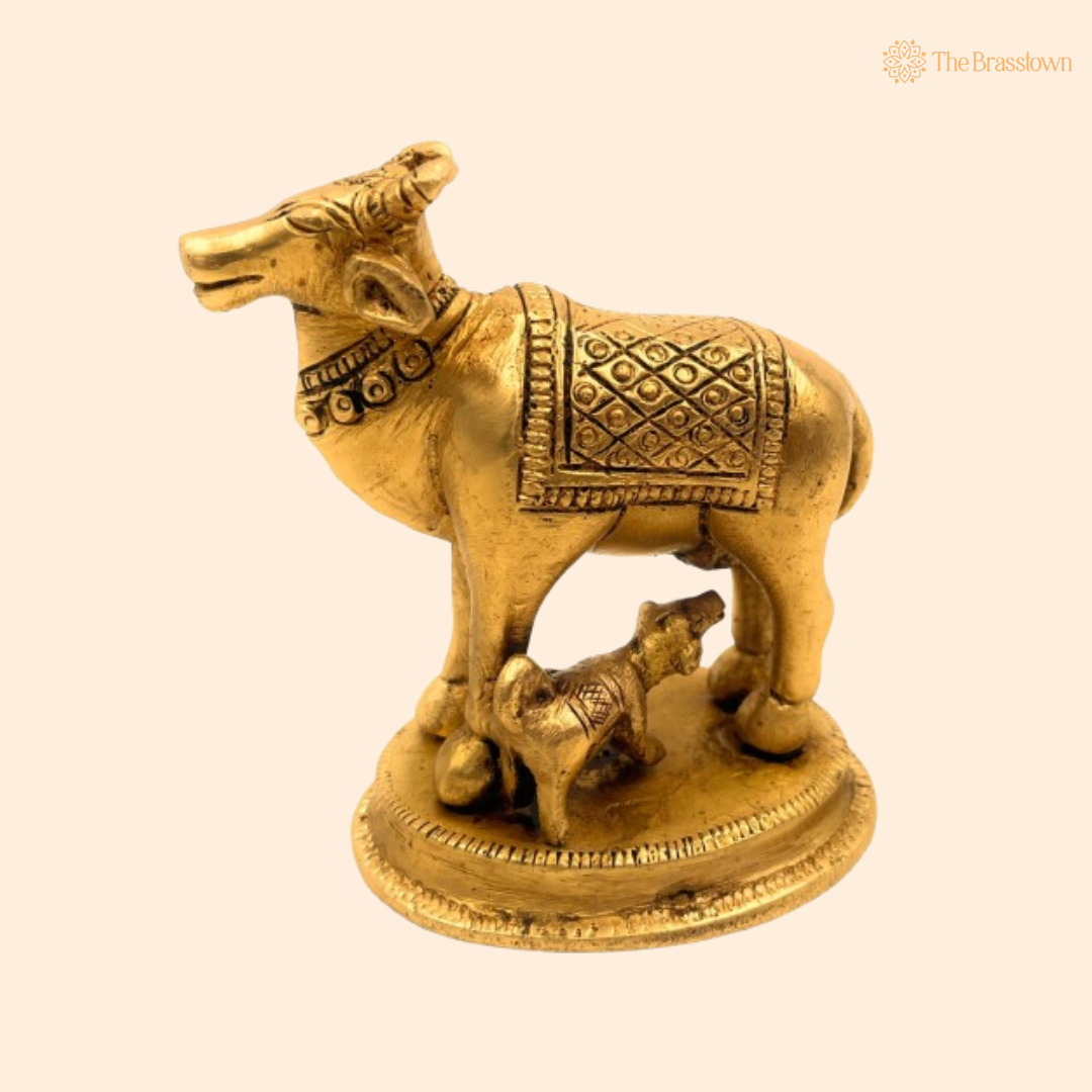 Brass Cow and Calf Figurine 4 Inch