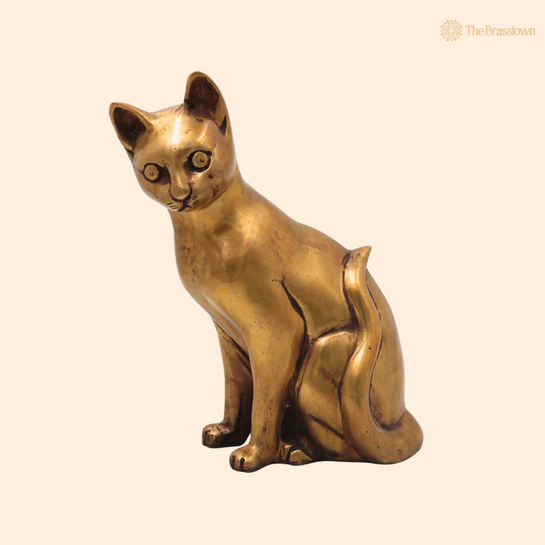 Brass Cat Idol – Handcrafted Cat Sculpture for Vastu, Home Décor, Pooja &amp; Luxury Gifting 8 Inch