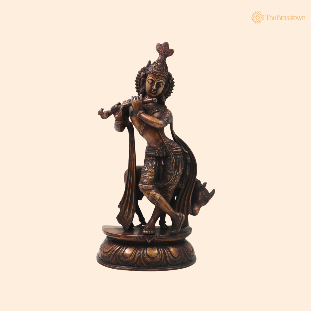 Brass Gopala Krishna with Cow Statue – Handcrafted Chola Style Kaliya Daman Govinda Murti for Pooja, Home Mandir, Décor &amp; Spiritual Gifting 14 Inch