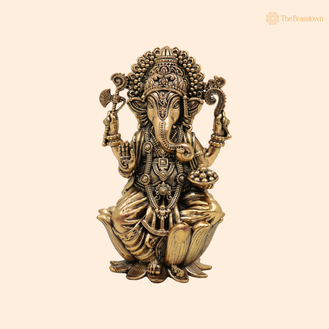 Handcrafted Brass Ganpati Bappa Idol 4 Inch front view – pure brass handcrafted India
