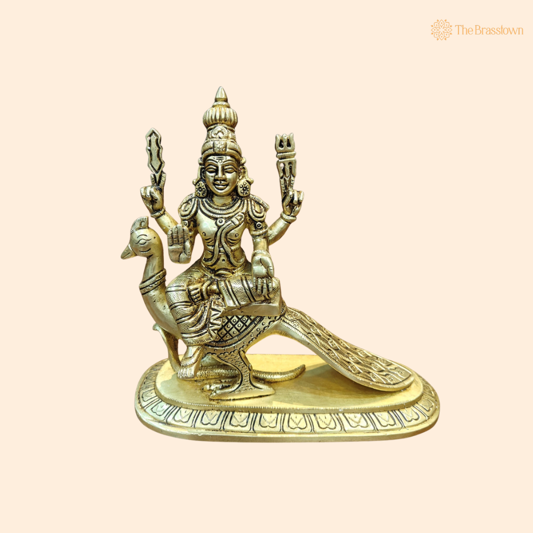 Brass Small Murugan Swamy Kartikeya Idol with Peacock – Fine Golden Finish for Puja &amp; Home Mandir 8 Inch