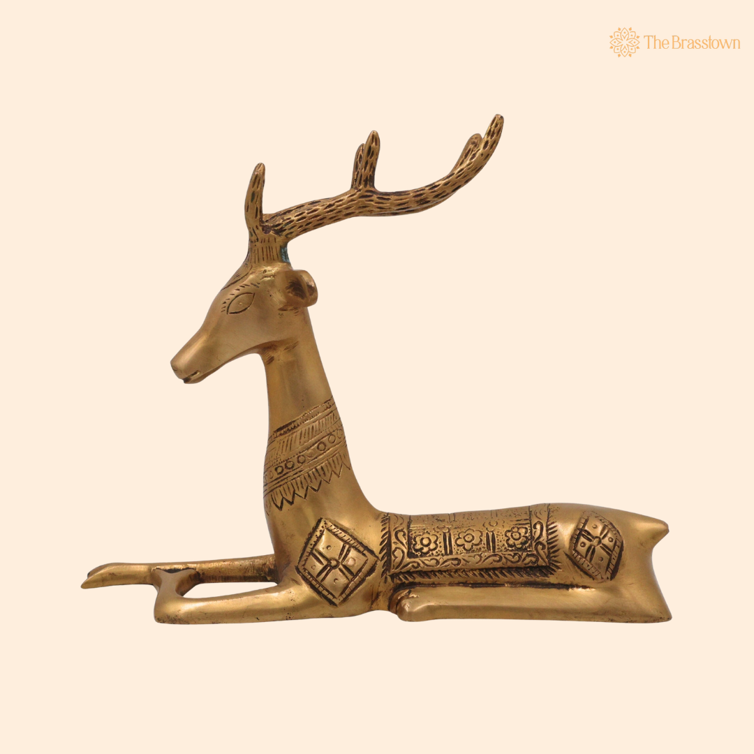 Brass Deer Idol 8.5 Inch front view – pure brass handcrafted India