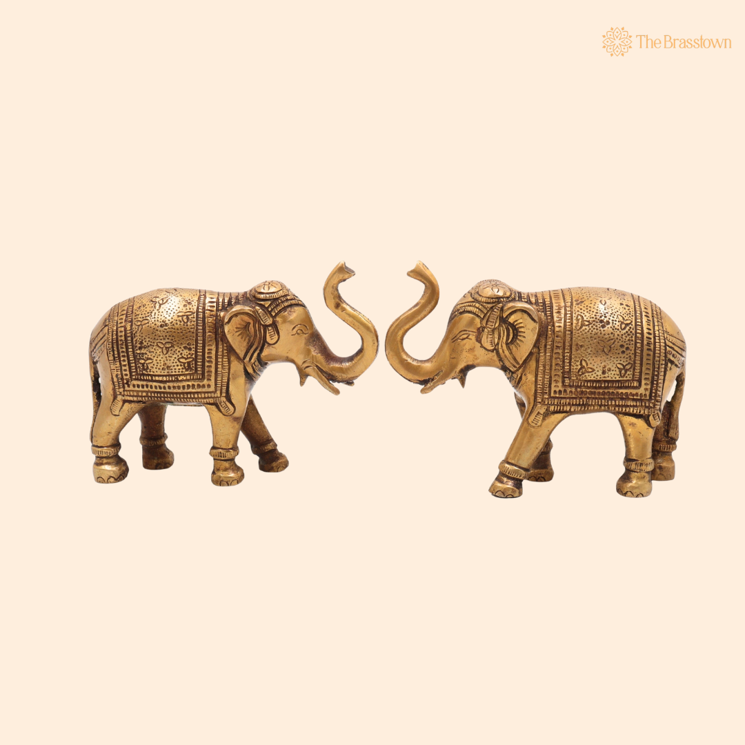 Handcrafted Brass Elephant Idol – Gaja Murti, Hasti, Airavata, Gajanan Decorative Hathi Statue for Home, Temple, Vastu, Feng Shui &amp; Spiritual Gifting (Set of 2) 3.5 Inch