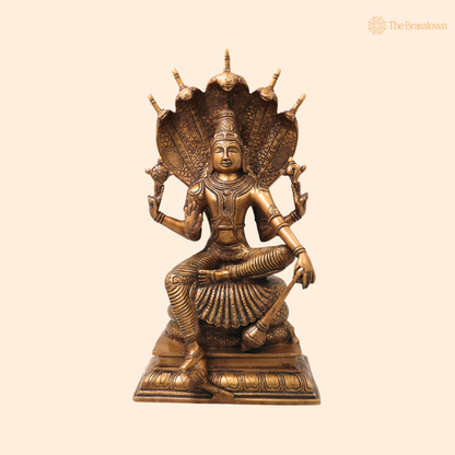 Brass Vishnu on Sheshnag Idol – Traditional Chola Perumal Lord Narayana Murti (Hari) for Puja, Home Mandir &amp; Spiritual Décor 16.5 Inch