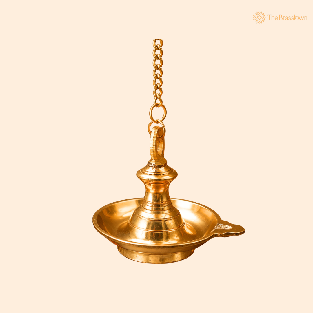 Hanging Brass Lamp for pooja – Traditional Peetal Thooku Vilakku Deepam for Temple, Home Mandir &amp; Spiritual Décor 6.5 Inch