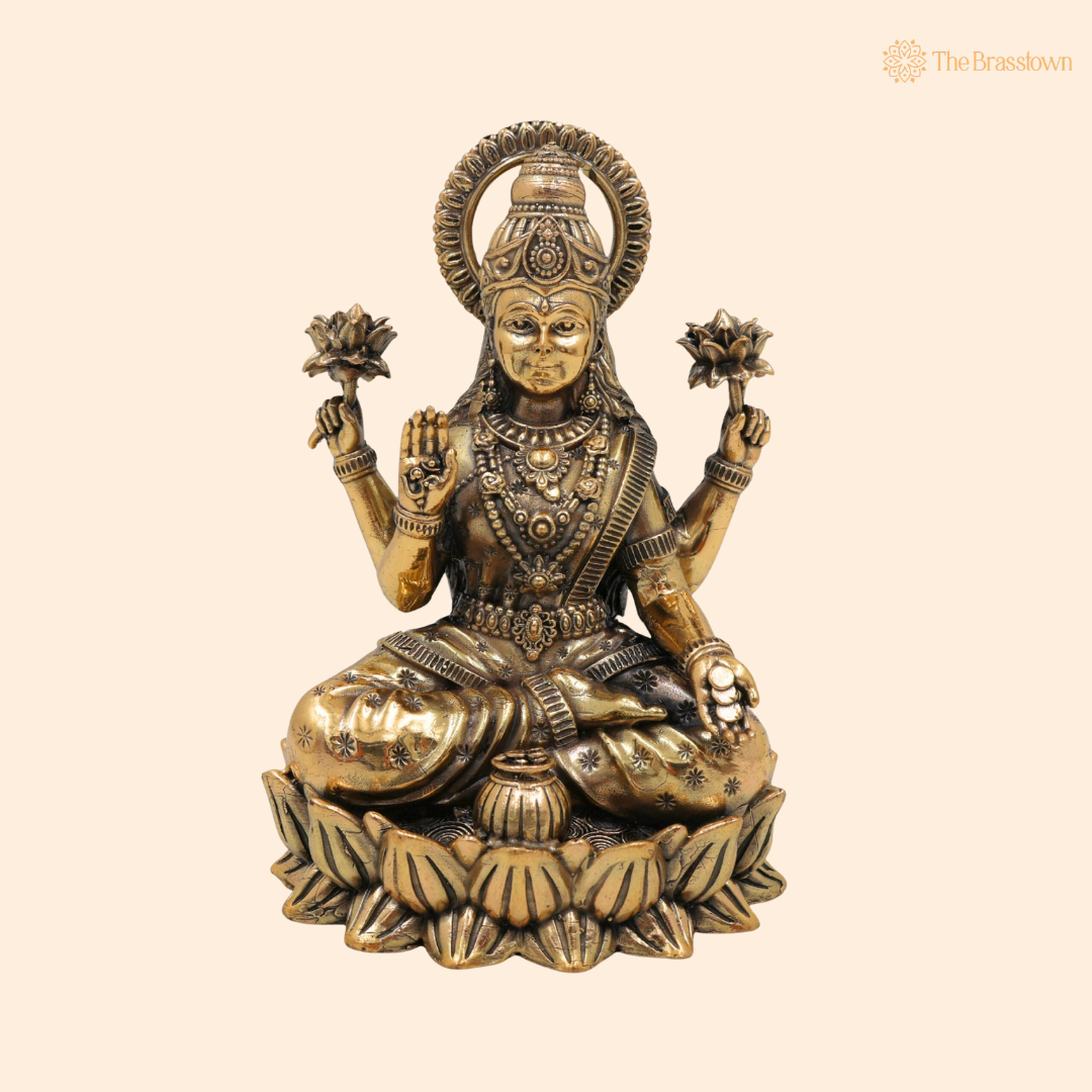Handcrafted Brass Sitting Mahalakshmi Idol 5 Inch front view – pure brass handcrafted India