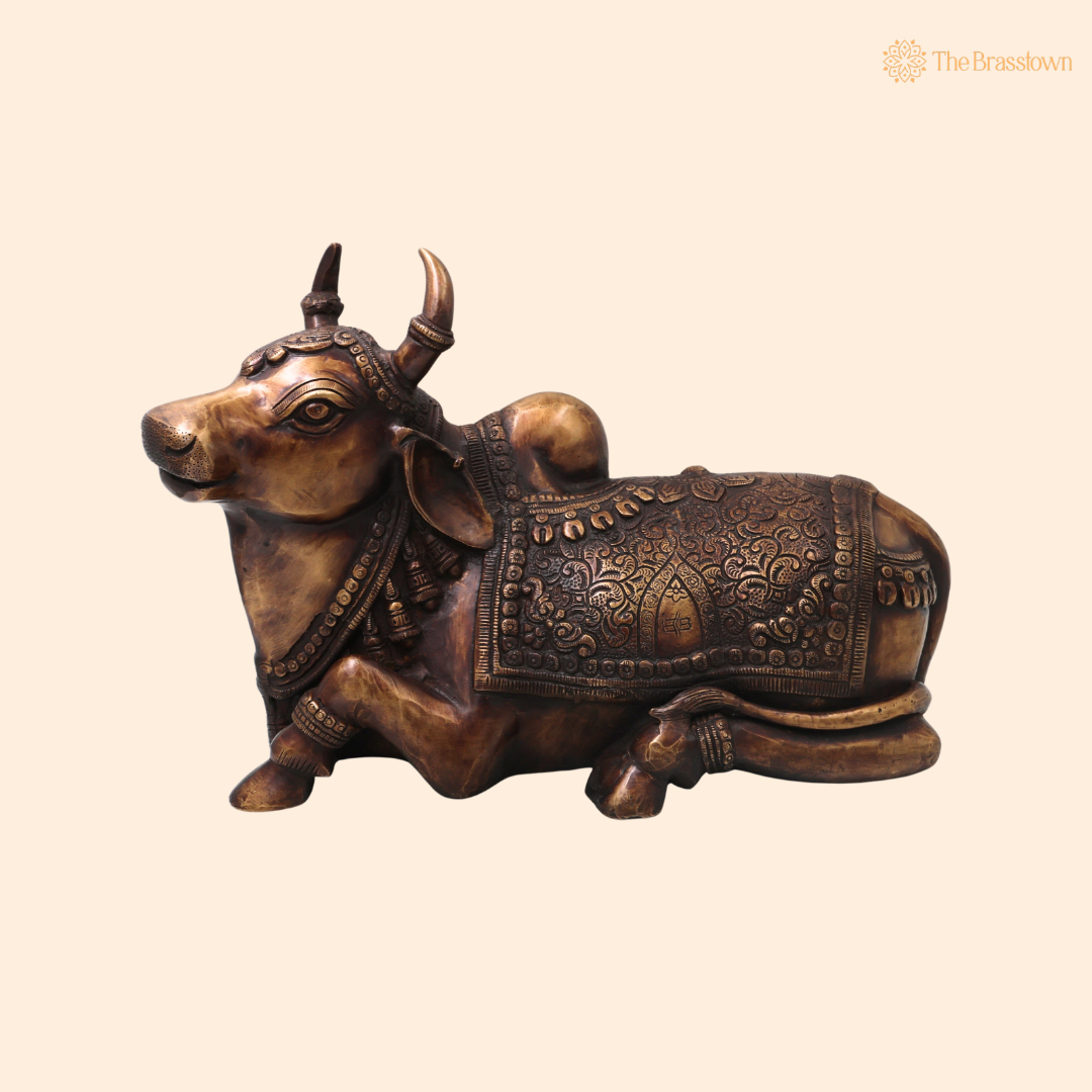 Handcrafted Brass Nandikeshwara Nandi Idol – Handcrafted Traditional Chola Style Vrishabha Murti for Pooja, Home Mandir, Décor &amp; Spiritual Gifting 9.5 Inch