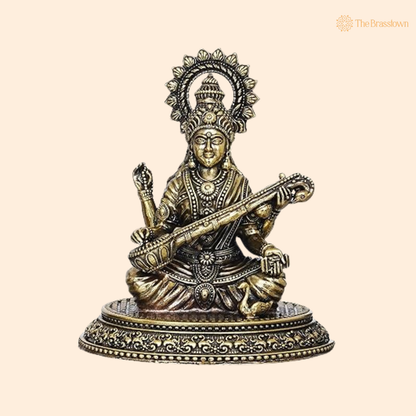 Brass Sitting Saraswati Maa Idol 2.5 Inch front view – pure brass handcrafted India