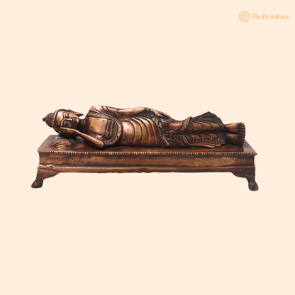 Brass Sleeping Buddha Statue – Handcrafted Reclining Nirvana Statue Traditional Buddhist Buddha Murti 10.5 Inch