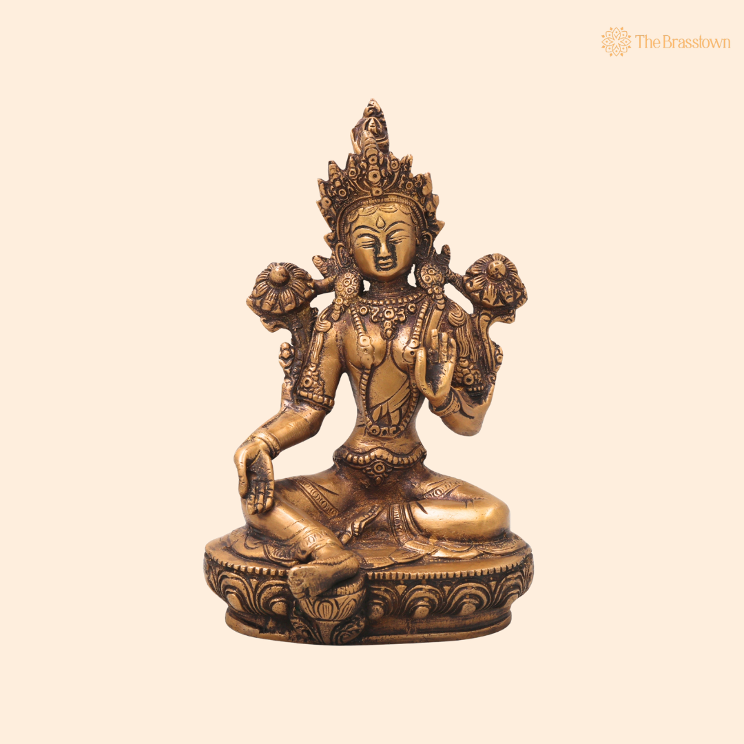 Brass Tara Devi Idol – Handcrafted Traditional Chola Style Tara Maa Murti for Pooja, Home Mandir, Spiritual Décor &amp; Gifting 8.5 Inch