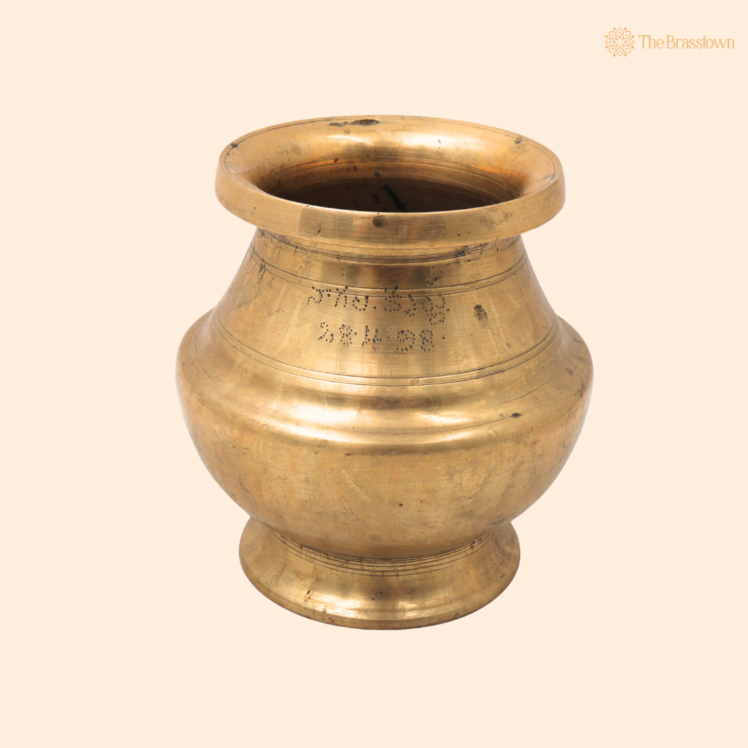 Handcrafted Brass Vintage Lota Kalash For Pooja – Traditional Pital Gangajali Kamandal for Puja, Ganga Jal Storage, Rishi Muni Kalash &amp; Hindu Rituals 5 Inch