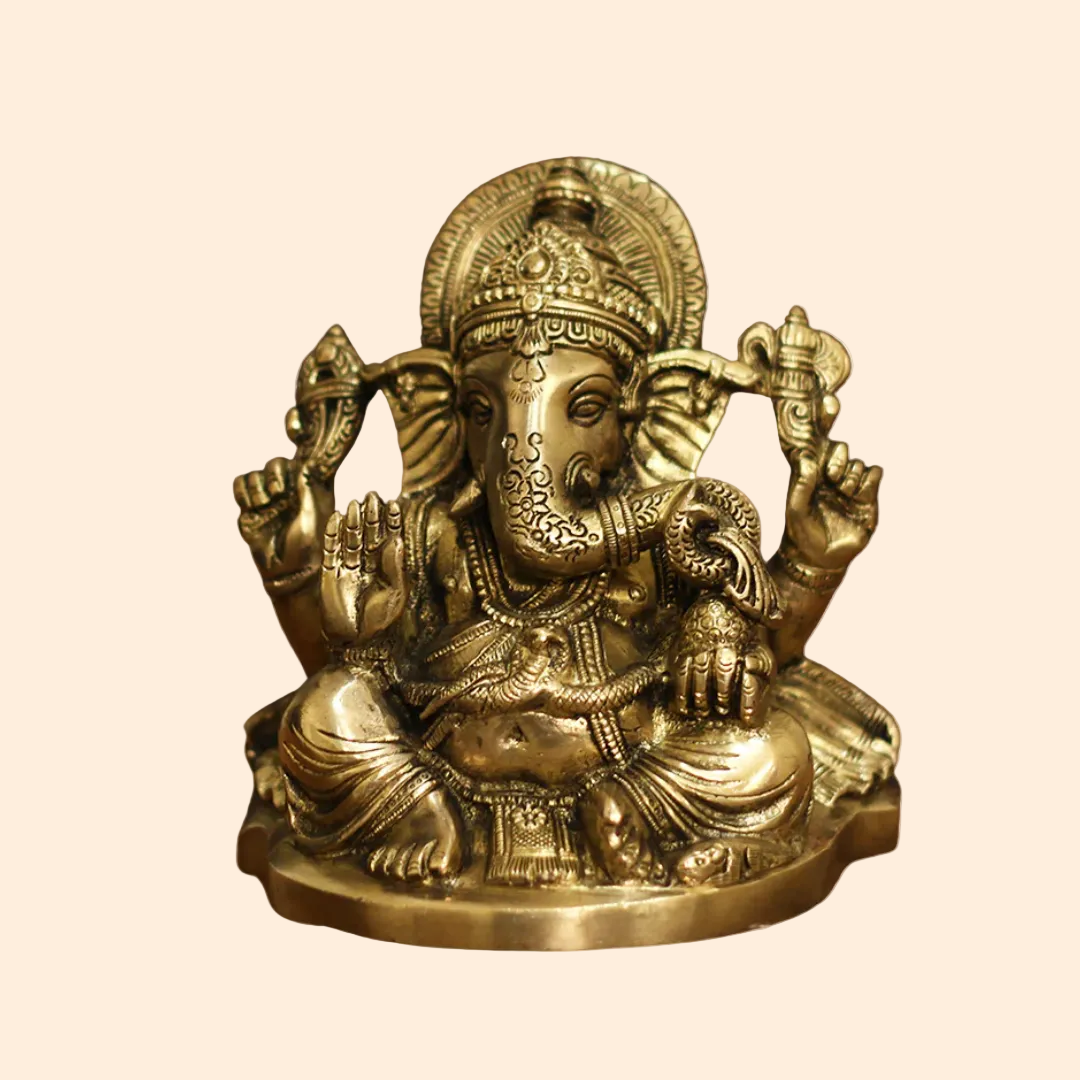 Handcrafted Brass Ganesh Superfine Idol 6 Inch front view – pure brass handcrafted India