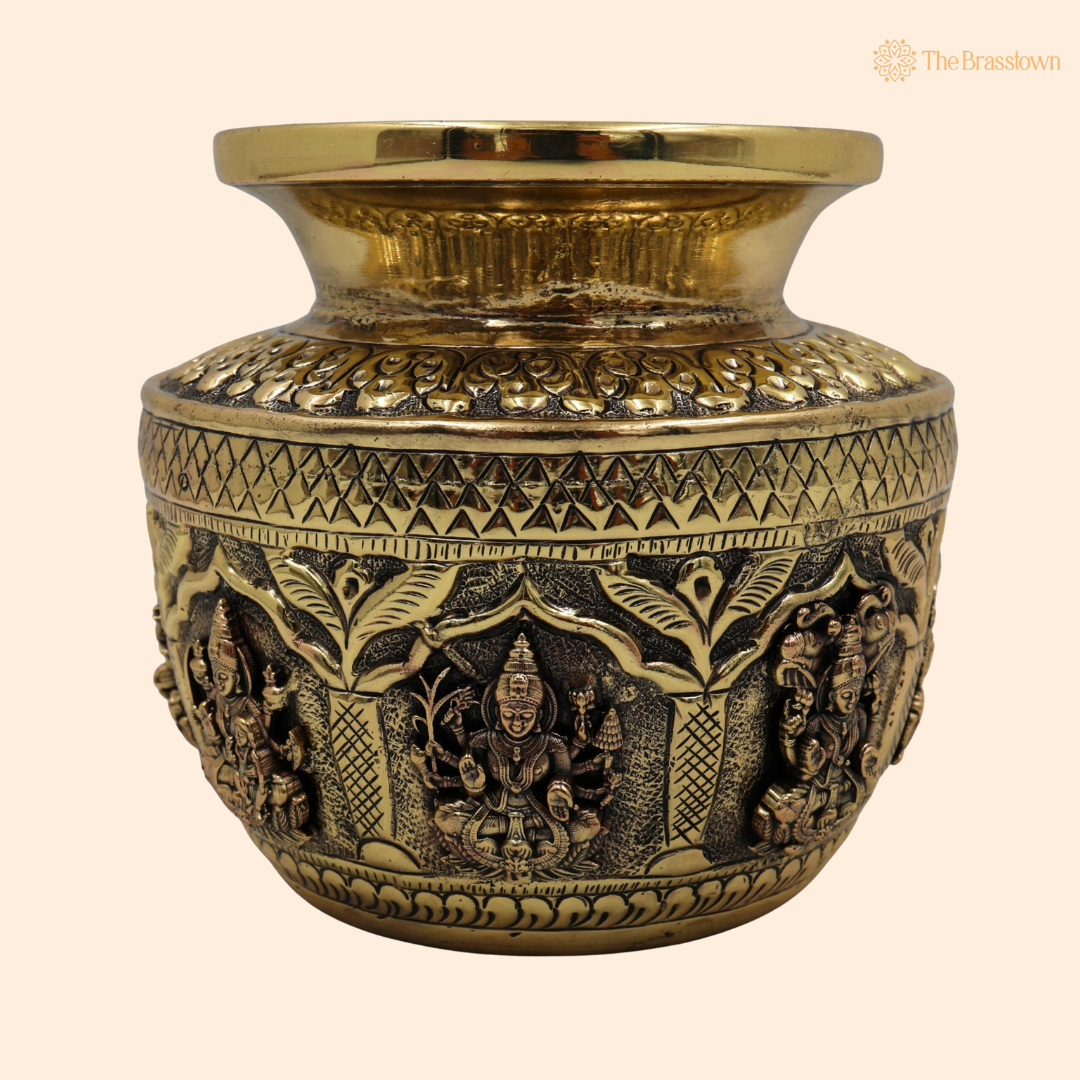 Brass Asta Lakshmi Kalash Lota – Handcrafted Peetal Pooja Kalash for Prosperity, Wealth &amp; Home Temple Décor 4.5 Inch
