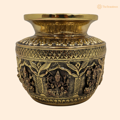 Brass Asta Lakshmi Kalash Lota – Handcrafted Peetal Pooja Kalash for Prosperity, Wealth &amp; Home Temple Décor 4.5 Inch