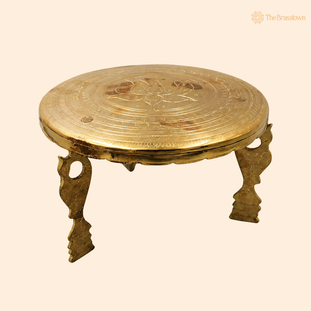 Round Brass Pooja Stand Chowki – Traditional Peetham Singhasan Circular Idol Display Base for God Idols, Diya, Urli &amp; Temple Décor 5.5 Inch