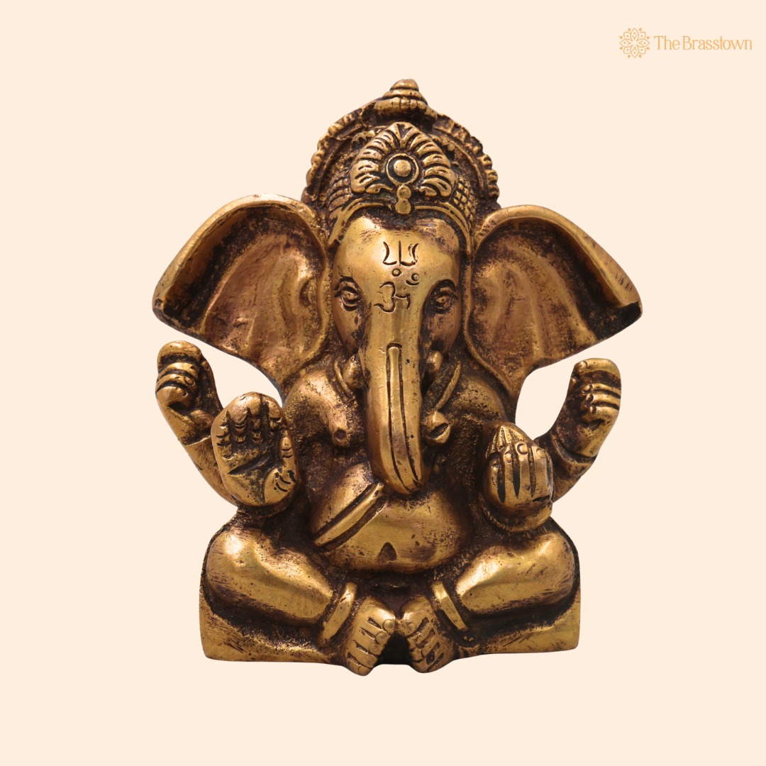Handcrafted Brass Ganpati Bappa Idol – Ganesha Murti for Puja, Home Mandir &amp; Décor 3.5 Inch