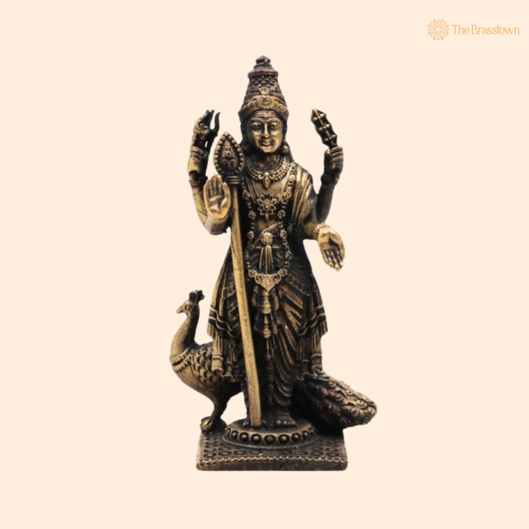 Brass Murugan Idol – Skanda / Subramanya / Kartikeya / Shanmukha Statue for Home Temple &amp; Pooja 3 Inch