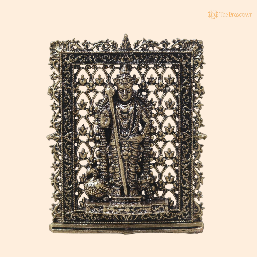 Brass Kartikeya (Murugan) Panel – Fine Handcrafted Lord Murugan Wall Plaque for Car Dashboard, Home Décor &amp; Spiritual Blessings 3 Inch